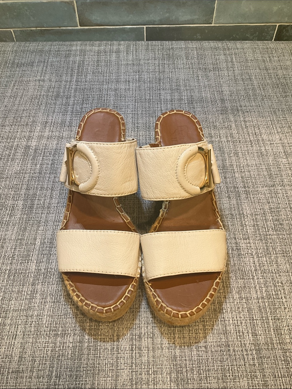 Franco Sarto Cream Leather Espadrille Wedge Sandals with Gold Buckle